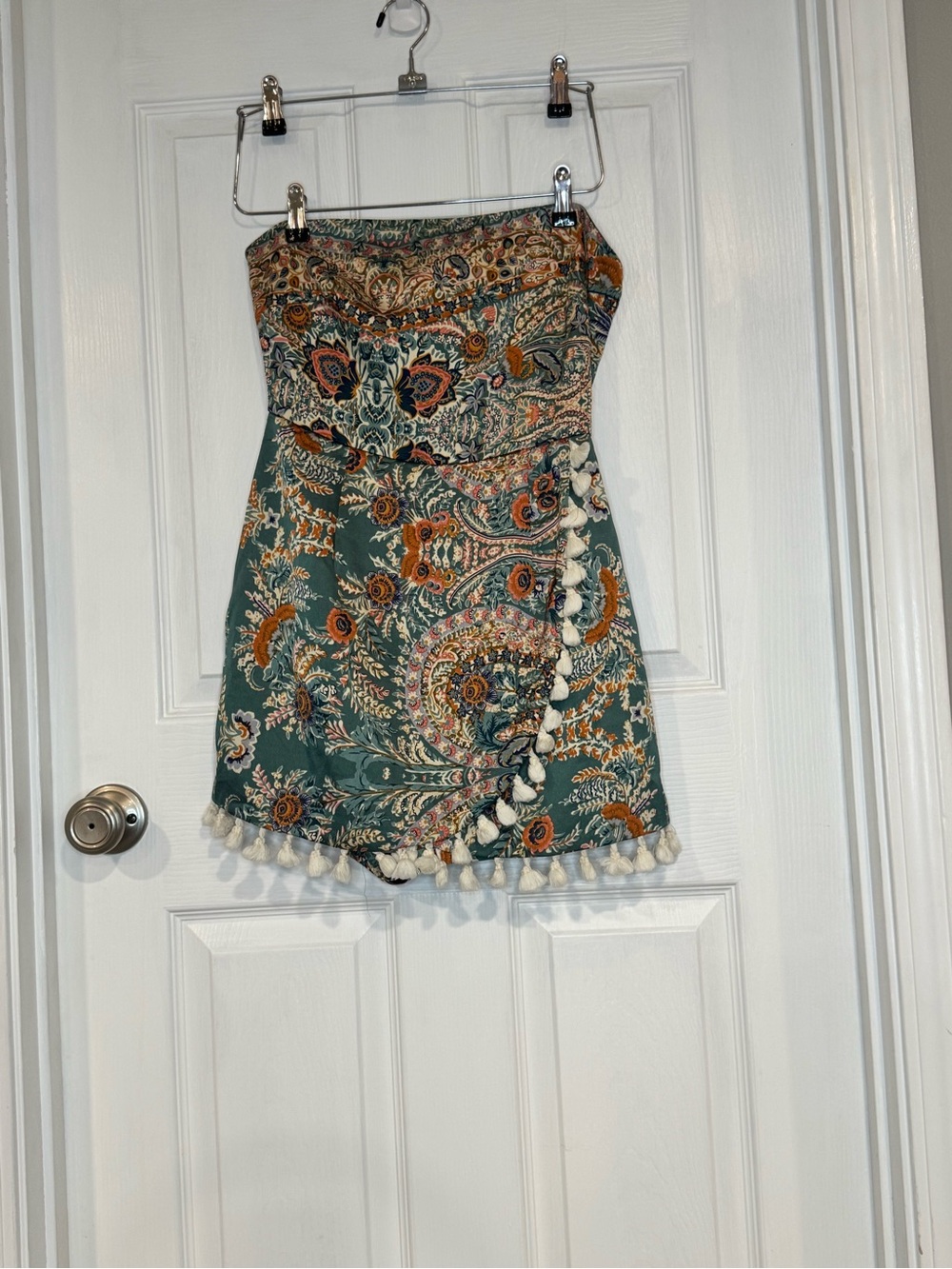 Lulu's Strapless Teal Paisley Romper with Tassel Trim